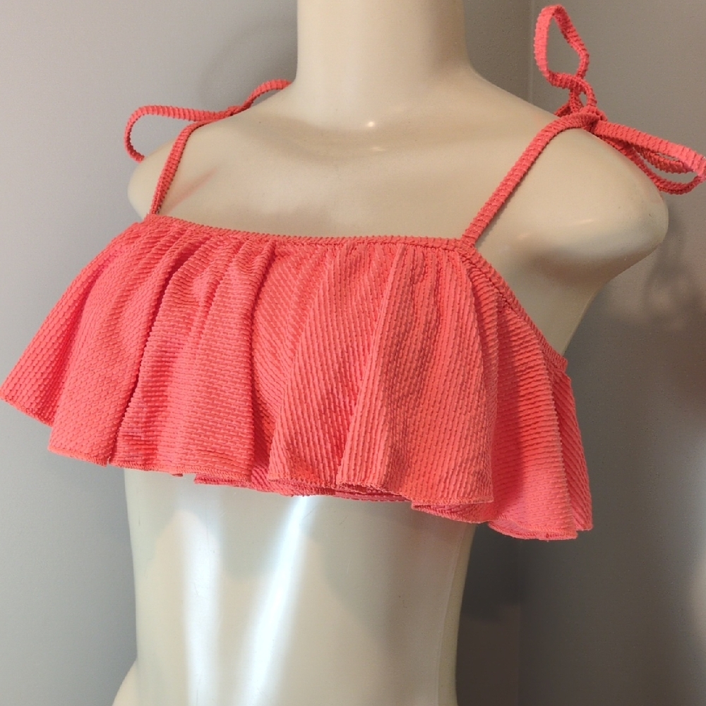 Aerie Bandeau Ruffle Coral Textured Padded Bikini Top Size Medium NWT